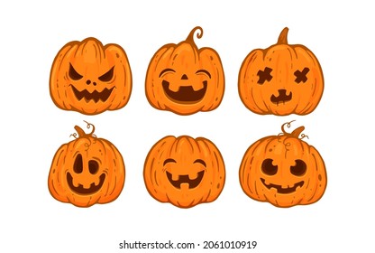 set of halloween pumpkins isolated on white, cartoon, jack o lantern halloween.Vector illustration