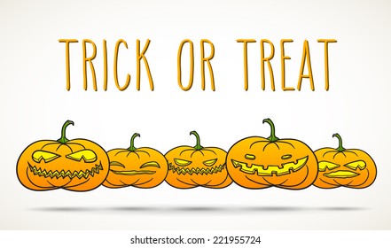 Set of Halloween pumpkins isolated on white with hand-written 'Trick or Treat' words.