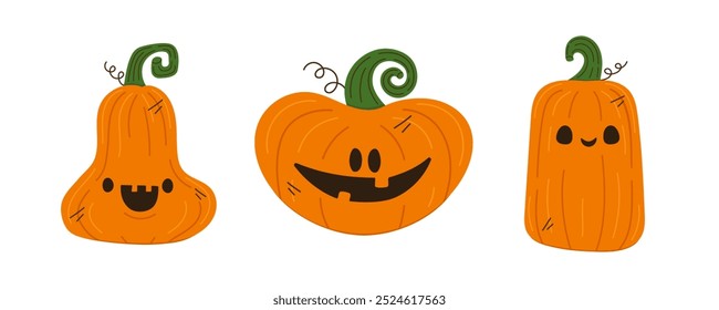 Set of halloween pumpkins isolated on white background. Vector elements for postcard, flyer or banner.