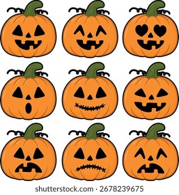 Conjunto de abóboras de Halloween isoladas sobre fundo branco. 