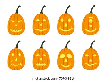 Set of halloween pumpkins isolated on white background. Holiday pumpkins of different faces. Vector color illustration in flat design.