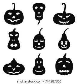 Set of halloween pumpkins isolated on white background. Set of silhouette Holiday pumpkins of different faces. Vector illustration.