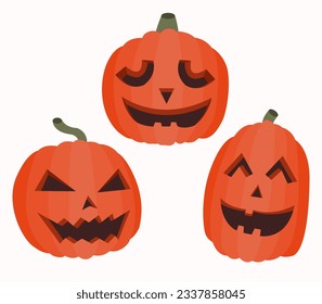 set of Halloween pumpkins, jack o lantern bundle in minimal stye flat color isolated on white background, for decoration in Halloween theme  illustration vector.