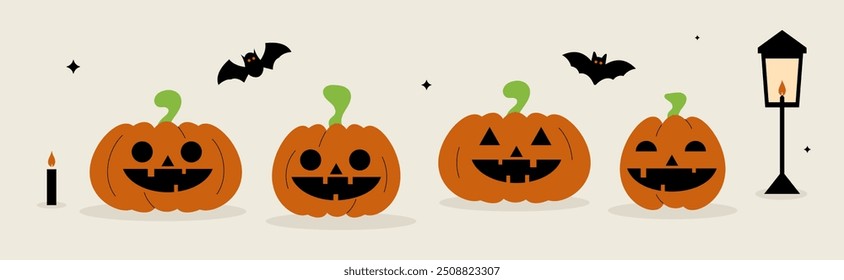 Set of halloween pumpkins. Jack o lantern with different face. Design elements for banner, label, poster, scrapbooking, sticker. 