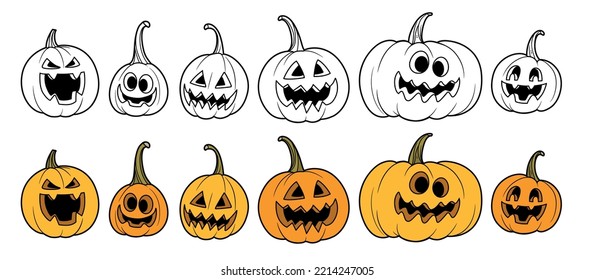 Set of Halloween pumpkins lanterns with the cut out of a grin outline and color variation for coloring page isolated on white