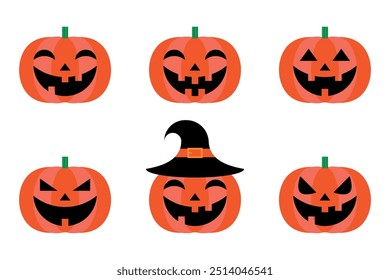 Set of Halloween Pumpkins. Laughing Pumpkins. Vector Illustration in Flat Style. Happy Halloween Stickers. Cutting Project.
