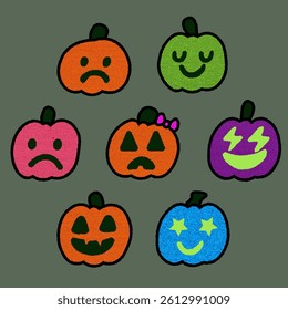 Set of Halloween pumpkins in naive style with burlap-like texture, expressive faces, and neon tones. Perfect for children's spooky projects and holiday decorations with a playful twist.