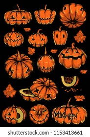 Set of Halloween Pumpkins on Black background, Vector Illustration.