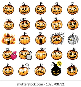 Set of halloween pumpkins on white background. The symbol of the Happy Halloween holiday. Orange pumpkin with face smile for the holiday Halloween. Vector illustration.