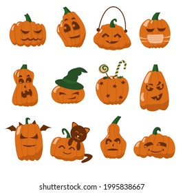 Set of Halloween pumpkins on white background Flat isolated illustration