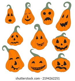 Set halloween pumpkins on white background. Characters for happy halloween holiday. Orange vegetables faces collection vector illustration