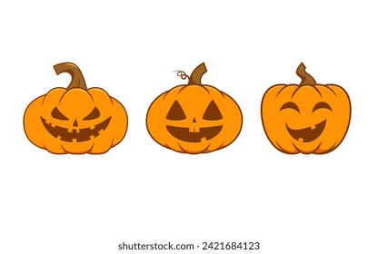 Set halloween pumpkins on white background. Orange pumpkin with smile 