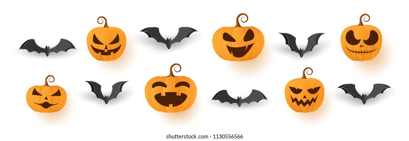 Set of Halloween pumpkins with paper bats.