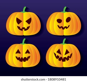 conjunto de calabazas de halloween en diseño de ilustración vectorial de corte de papel