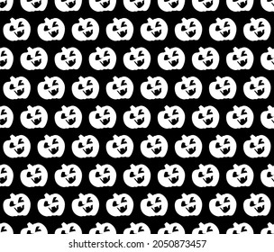 Set of halloween pumpkins patterns. Seamless vector texture background in black, orange and white pumpkin with vampire tooth. Crazy smile expression.