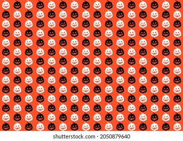 Set of halloween pumpkins patterns. Seamless vector texture background in black, orange and white pumpkin with horror smile expression with torn mouth. Spooky season.
