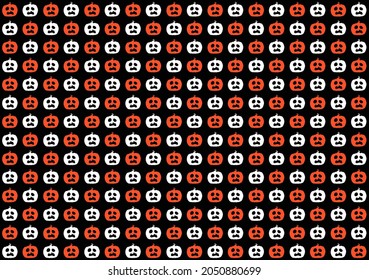 Set of halloween pumpkins patterns. Seamless vector texture background in black, orange and white pumpkin with confused expression. Poker face. Spooky season.