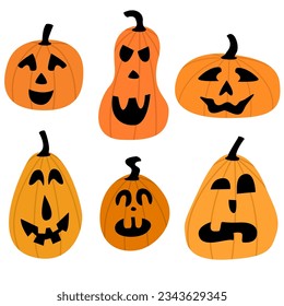 Set of Halloween pumpkins. Pumpkin of different shapes and colors.  Autumn pumpkin