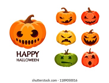 Set of Halloween pumpkins with scary face. Isolated on white background. Jack O'Lantern vector characters.