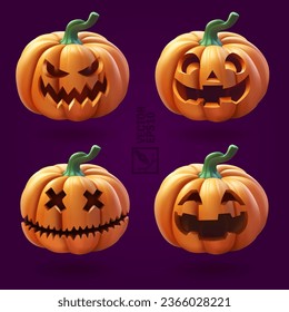 Set halloween pumpkins with scary face on violet background, 3d realistic set