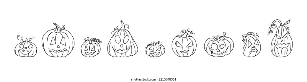 Set of Halloween pumpkins. Scary Halloween pumpkins faces. Vector concept in doodle, sketch style. Outline collection pumpkin hand draw with brush style isolated on png or transparent texture