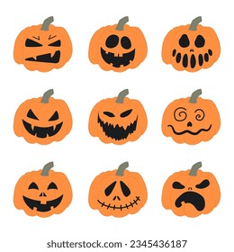 A set of Halloween pumpkins with scary faces.