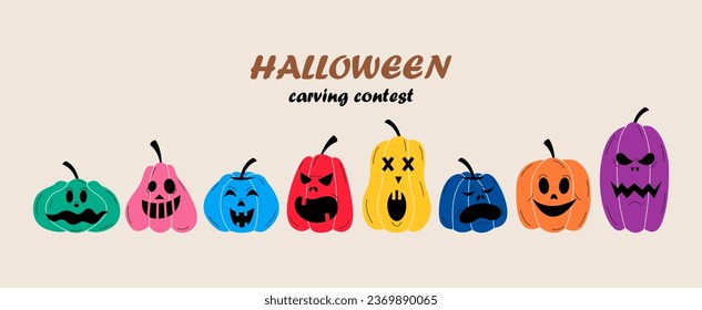 Set of halloween pumpkins with scary faces. Collection of different types of carved pumpkins. Colorful vector illustration
