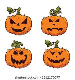 Set of Halloween pumpkins with scary faces. Cartoon vector illustration.