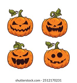 Set of Halloween pumpkins with scary faces. Cartoon vector illustration.