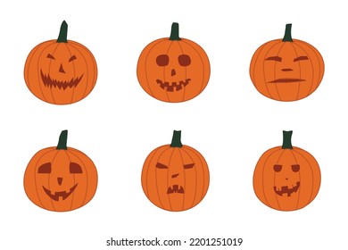 Set of Halloween pumpkins. Scary and funny pumpkins.