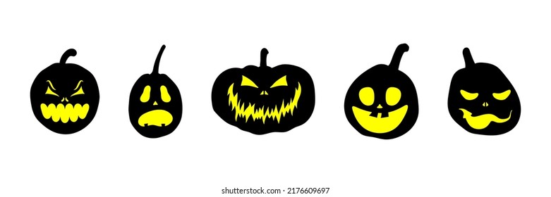 Set of Halloween pumpkins with scary glowing faces. Vector flat style illustration for design poster, banner, print.