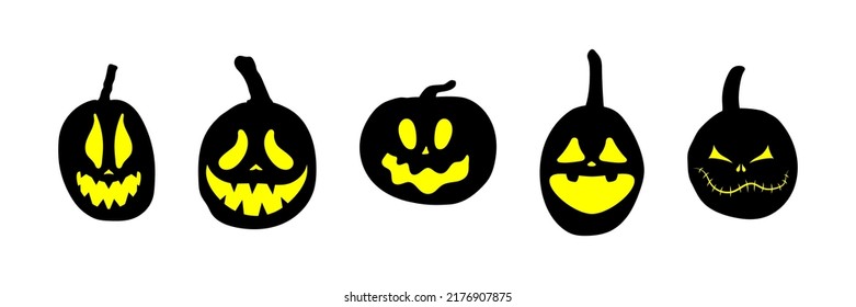 Set of Halloween pumpkins with scary glowing faces. Vector flat style illustration for design poster, banner, print.