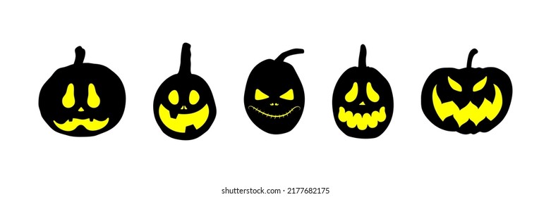 Set of Halloween pumpkins with scary glowing faces. Vector flat style illustration for design poster, banner, print.