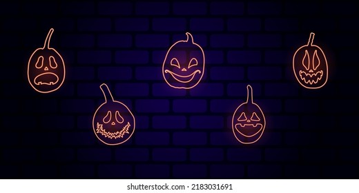 Set of Halloween pumpkins with scary glowing faces. Vector flat style illustration for design poster, banner, print