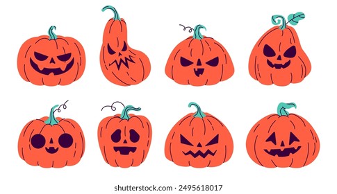 Juego de calabazas de Halloween. Calabazas aterradoras de Halloween, Feliz Halloween, truco o trato. Ilustración vectorial en estilo plano. Pegatinas de Feliz Halloween.  Imprimir para tarjetas, pegatinas e invitaciones a fiestas.