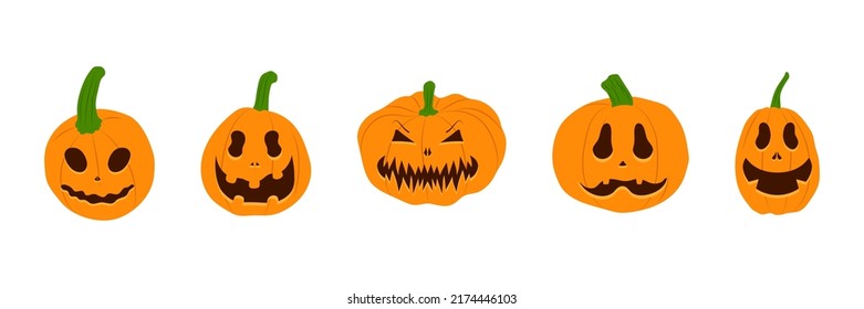 Set of Halloween pumpkins with scary smiling faces. Vector flat style illustration for design poster, banner, print.