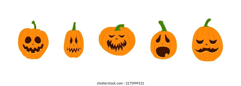 Set of Halloween pumpkins with scary smiling faces. Vector flat style illustration for design poster, banner, print.