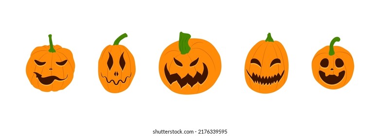 Set of Halloween pumpkins with scary smiling faces. Vector flat style illustration for design poster, banner, print.