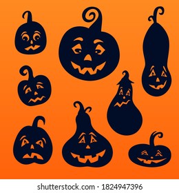 Set of Halloween pumpkins silhouette. Black pumpkins with smile for your design for the Happy Halloween. Vector spooky creepy pumpkins  
