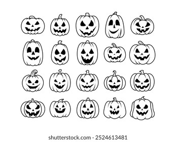 Set of Halloween Pumpkins Silhouette, Outlined