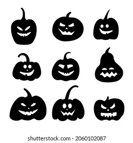 Conjunto de siluetas de calabazas de Halloween en negro. Colección de iconos de emoción de Jack Lantern. Diferentes expresiones faciales. Estilo sencillo aislado en un fondo blanco. Vector.