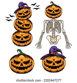 set of halloween pumpkins with skeleton and bats. vector illustration