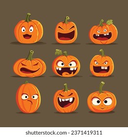 Set of Halloween pumpkins with smiling faces. Vector flat style illustration for design poster, banner, print.