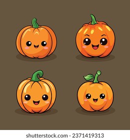 Set of Halloween pumpkins with smiling faces. Vector flat style illustration for design poster, banner, print.