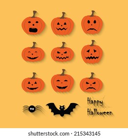 Set of Halloween pumpkins, spider, bat, web. Happy Halloween. Vector