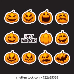 Set of halloween pumpkins stickers. Part of great collection of icons in the traditional holiday colors. Vector illustration. Cartoon design.