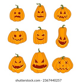Set of halloween pumpkins with thin hand drawn stroke, funny and spooky faces. Autumn holidays. Illustration isolated on white background. Vector illustration EPS10.
