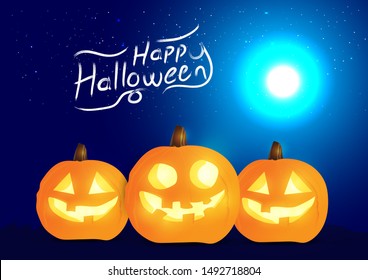 Set of halloween pumpkins and halloween typography, funny faces. Autumn holidays. Night blue background. Vector illustration EPS10.
