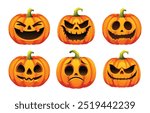 Set of Halloween pumpkins with variety of expressions. Vector cartoon illustration