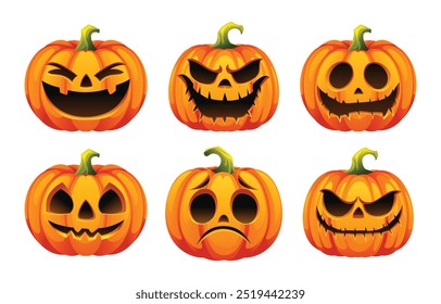 Conjunto de calabazas de Halloween con variedad de expresiones. Vector ilustración de dibujos animados